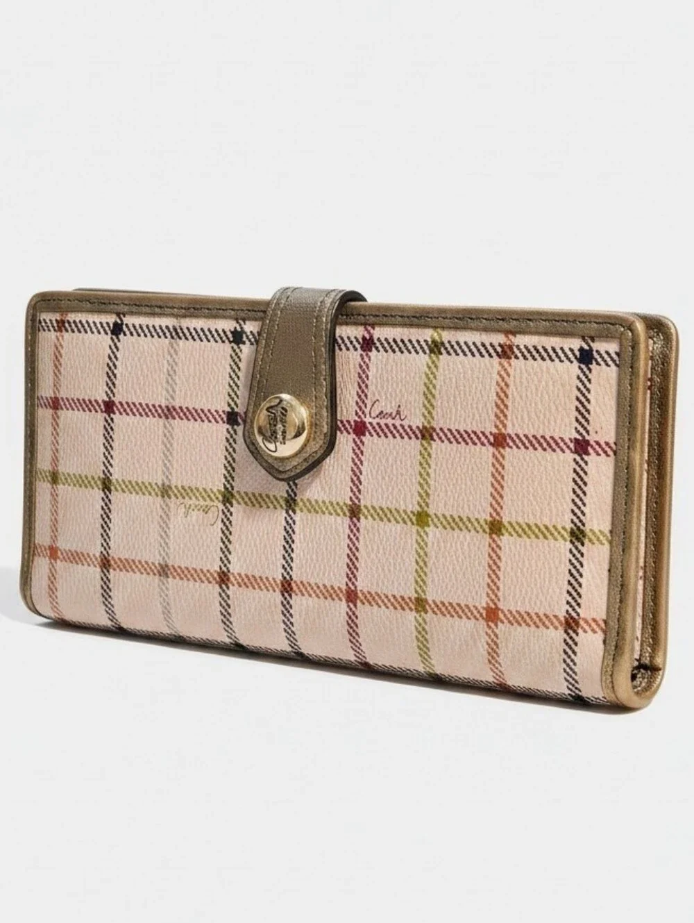 Coach Peyton Tattersall Checkbook Wallet Pink Plaid Long Wallet Organizer